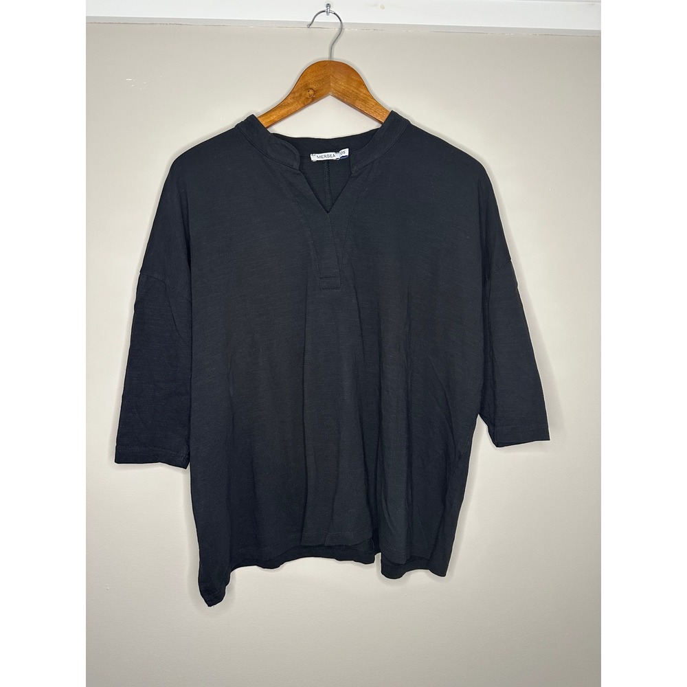 Mersea Slub Cotton Henley Tee Womens OS Black EUC Relaxed Split V-Neck Top